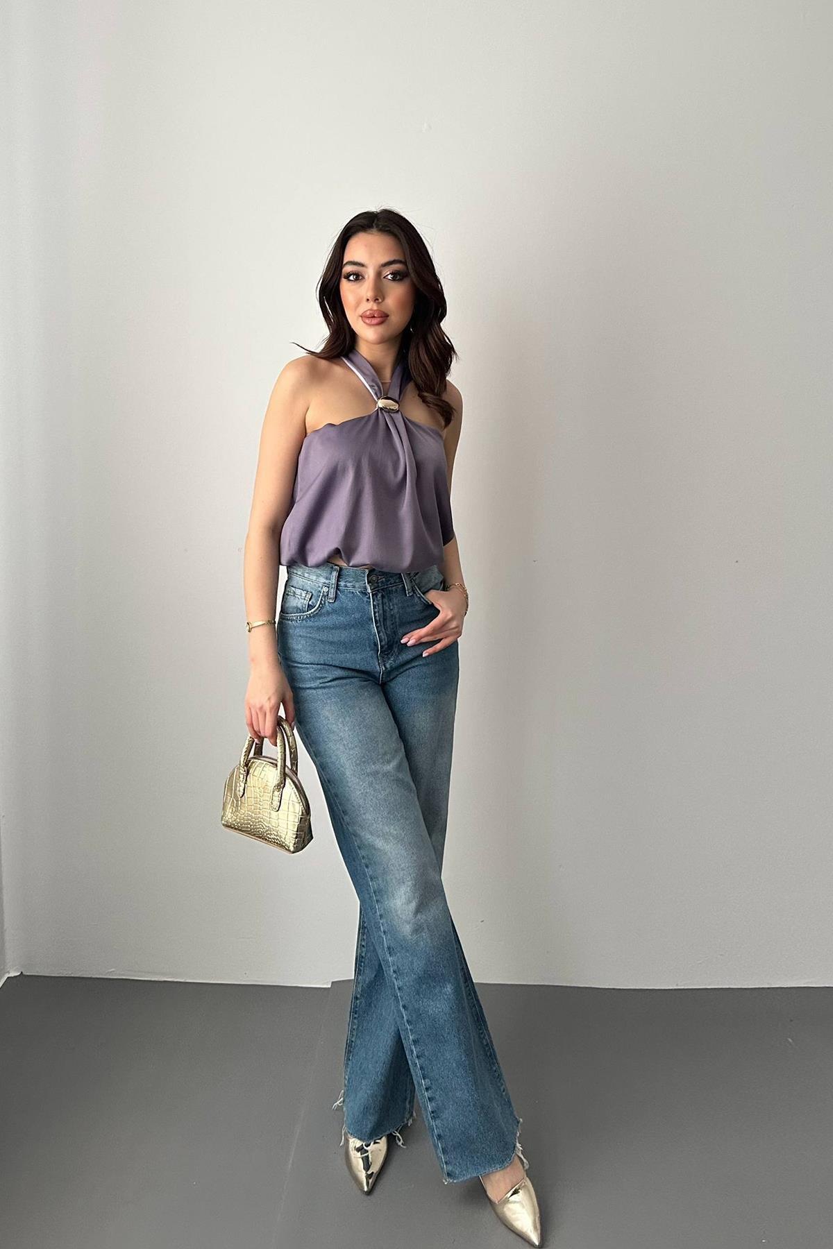 Toptan Lila Toka Detaylı Bluz