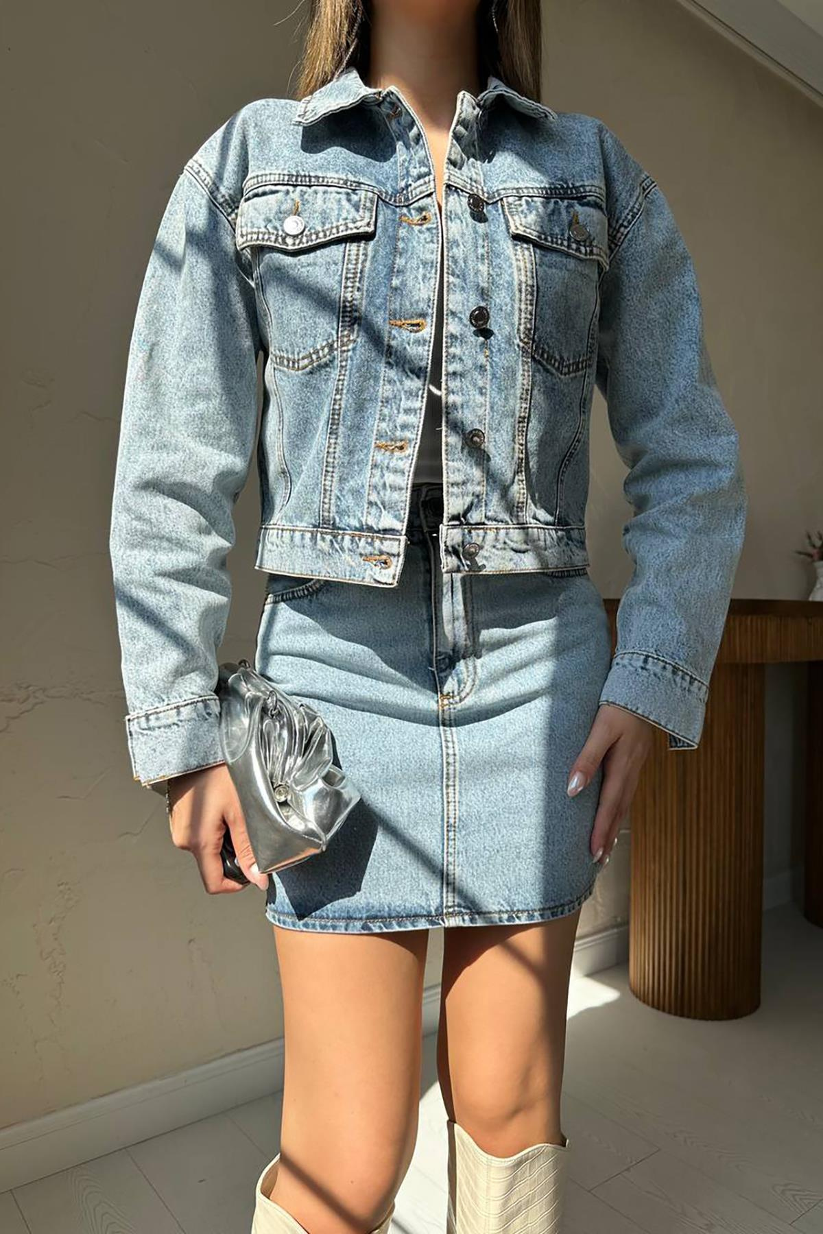 Toptan Mavi Işıltılı Kot Ceket Takım