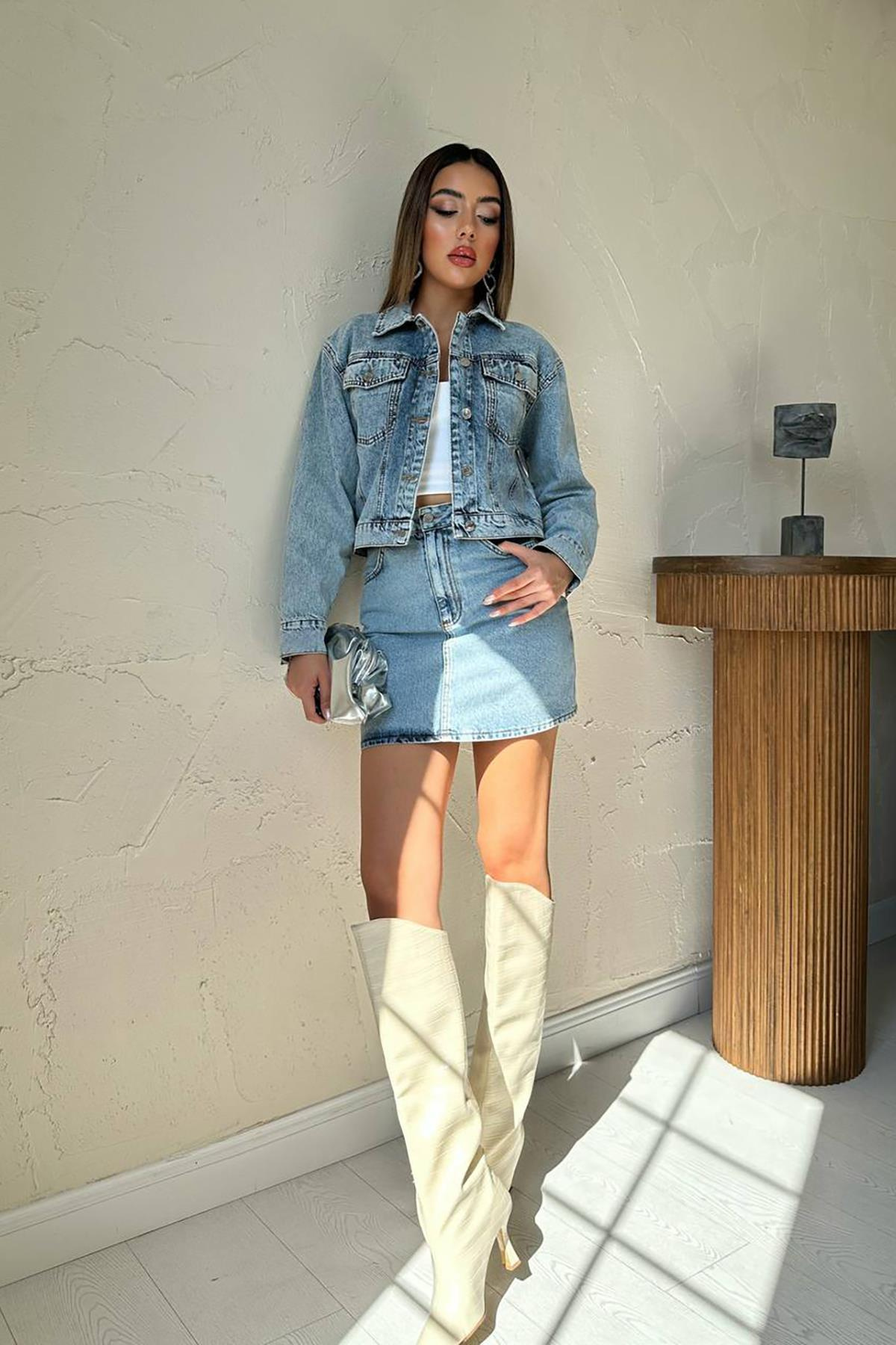 Toptan Mavi Işıltılı Kot Ceket Takım