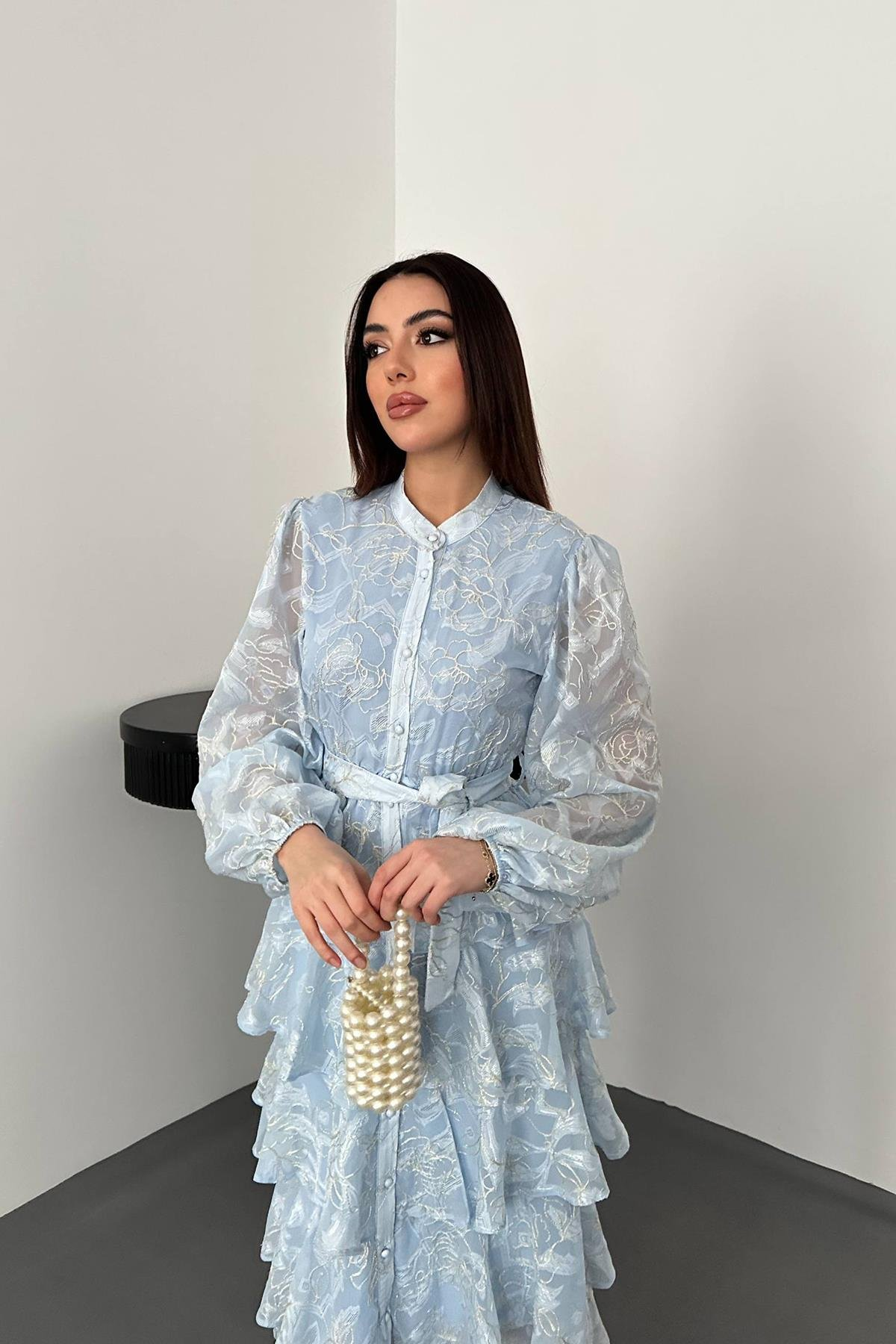 Toptan MAVİ Kat Kat Jakarlı Elbise