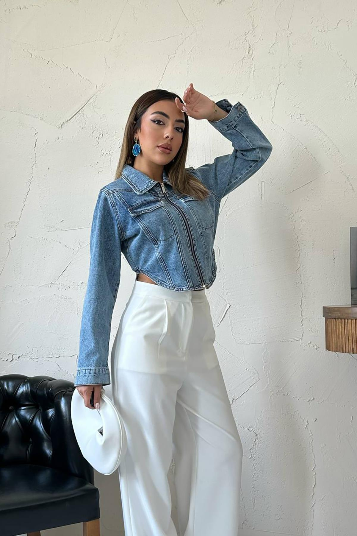 Toptan Mavi Korse Detaylı Kot Ceket