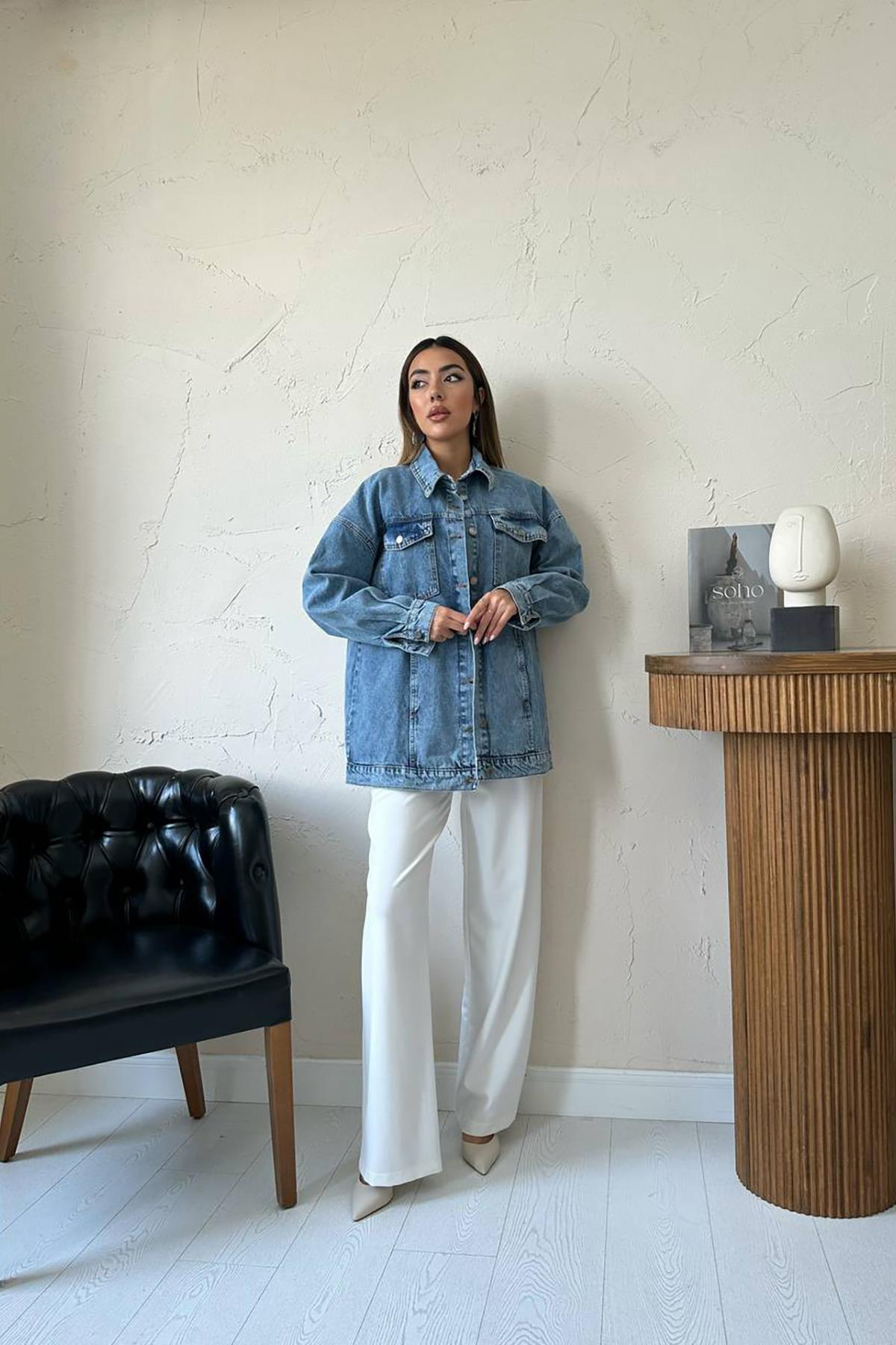 Toptan Mavi Oversize Kot Ceket