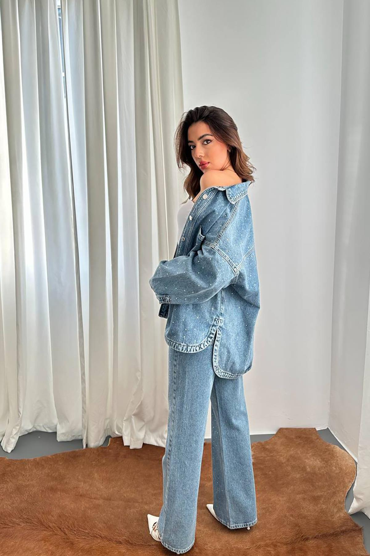 Toptan Mavi Taşlı Kot Gömlek Pantolon Takım