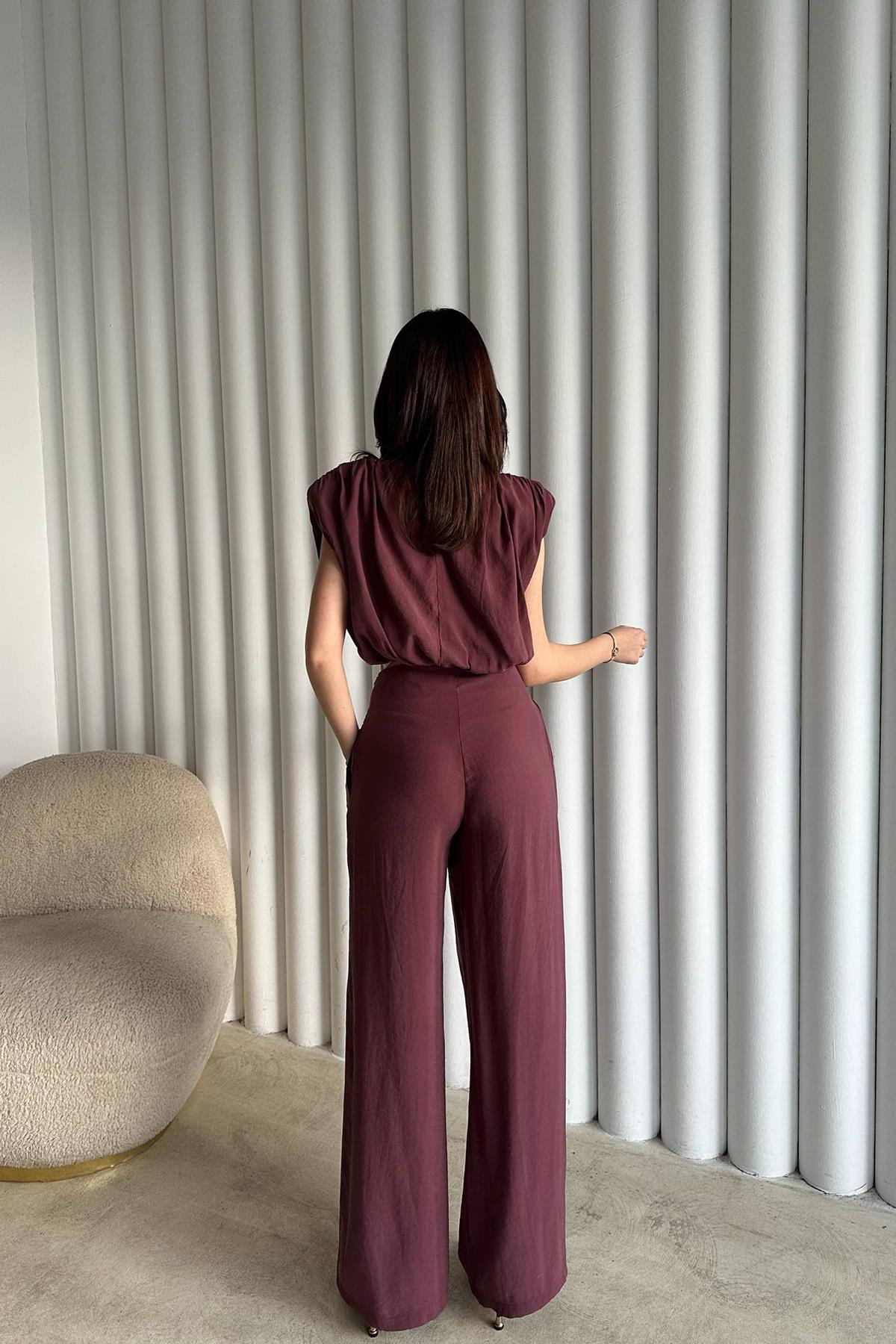 Toptan Mürdüm Modal Bluz Ve Pantolon Takım