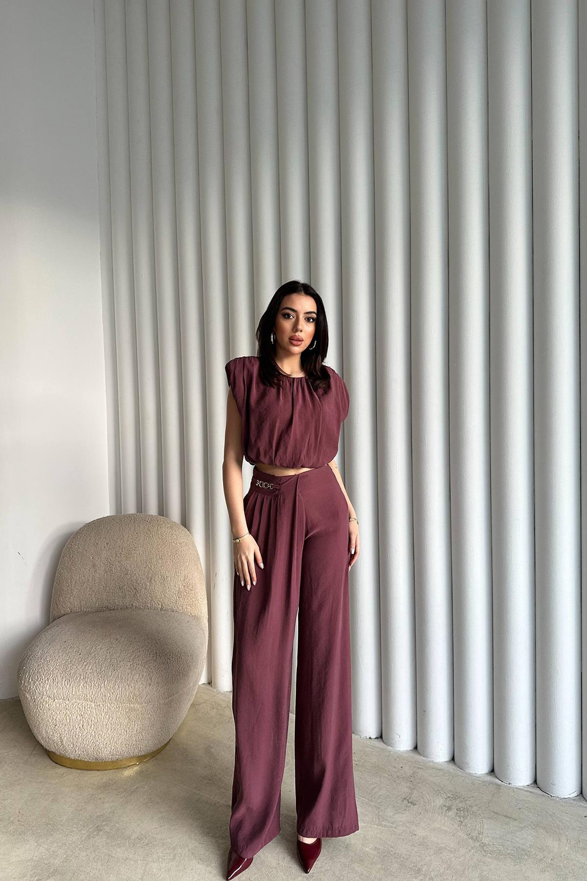 Toptan Mürdüm Modal Bluz Ve Pantolon Takım