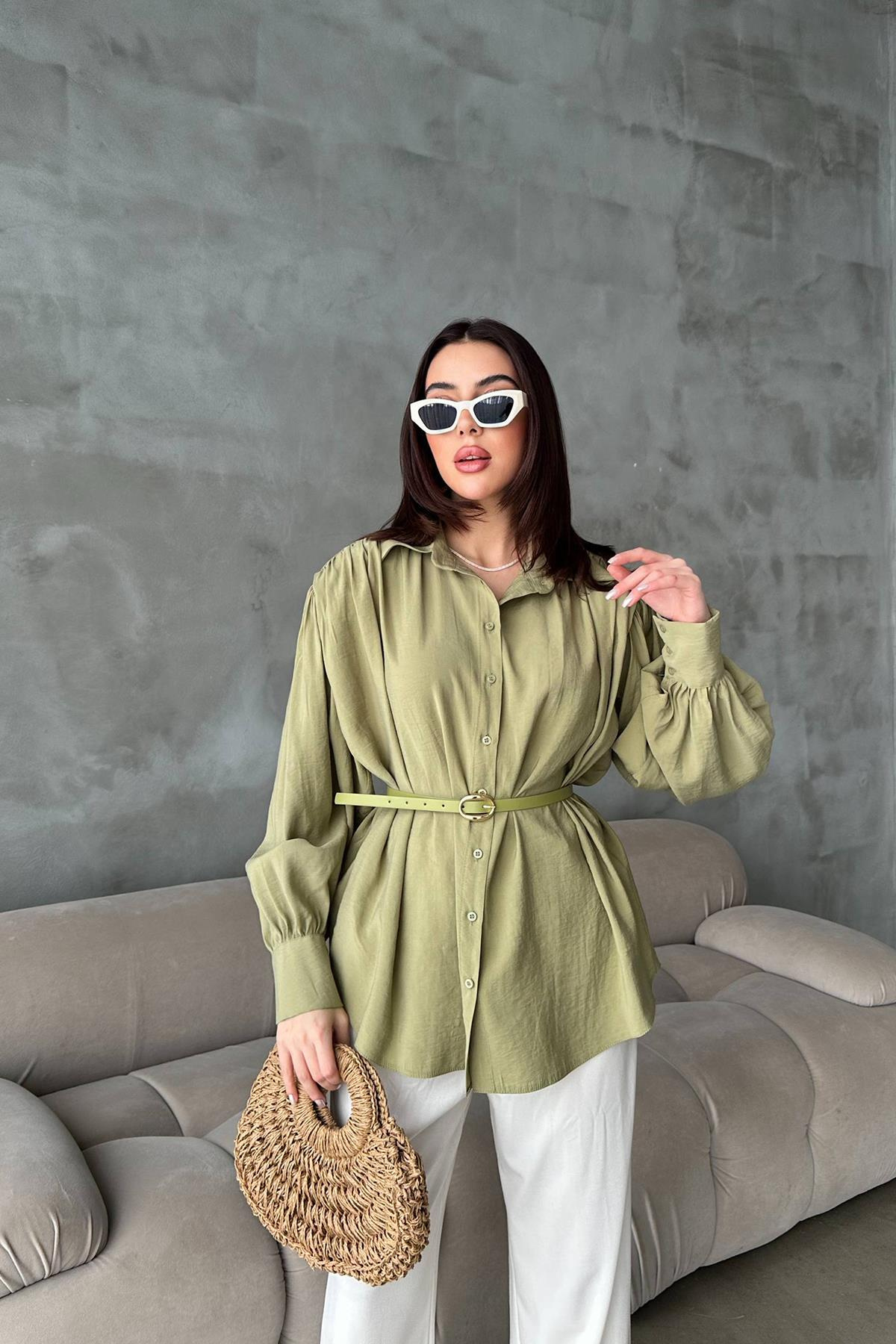 Toptan Olive Kemer Detaylı Modal Gömlek