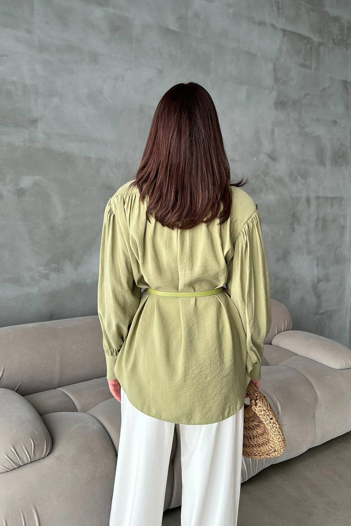 Toptan Olive Kemer Detaylı Modal Gömlek