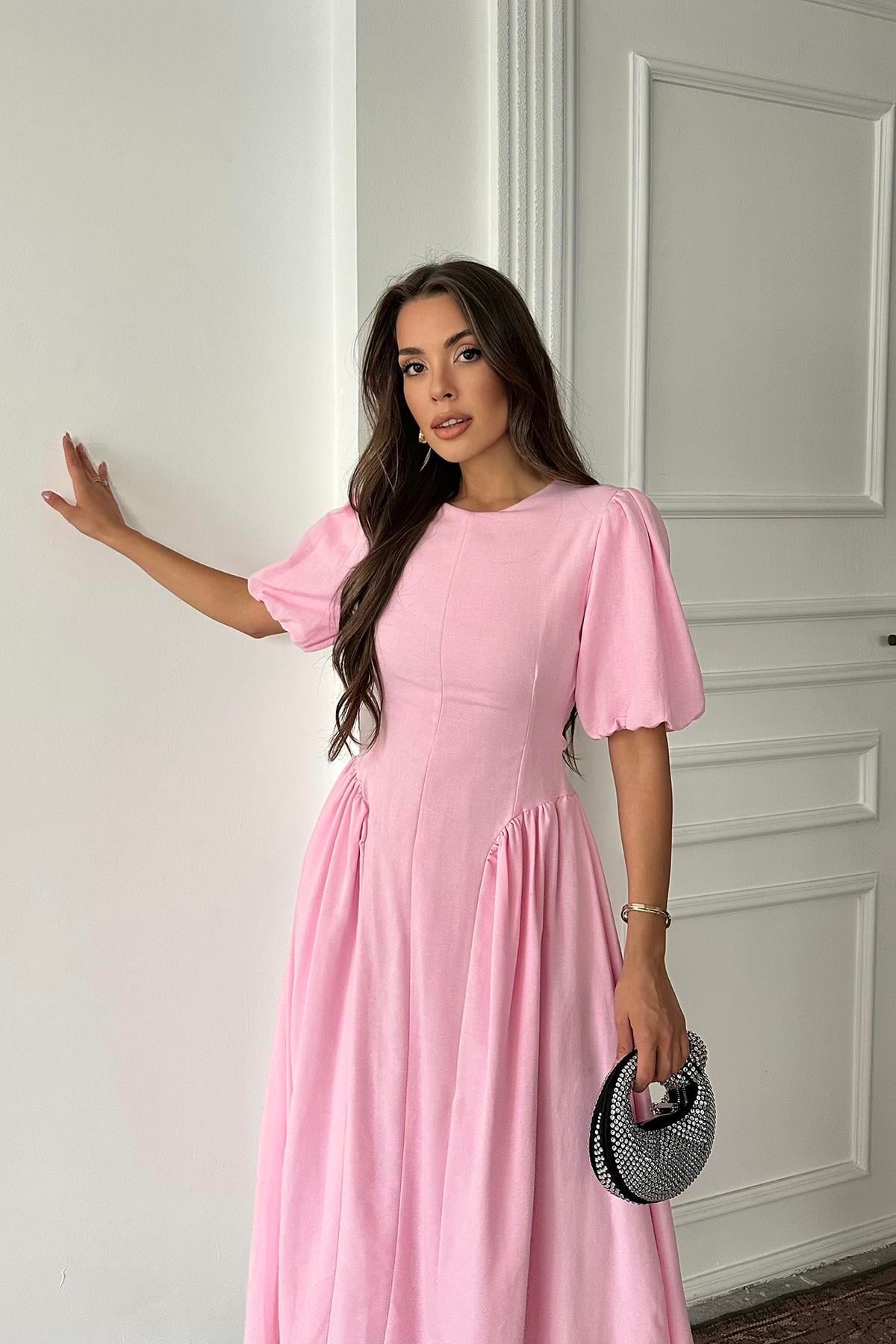 Toptan Pembe Arkadan Bağlamalı Büzgülü Keten Elbise