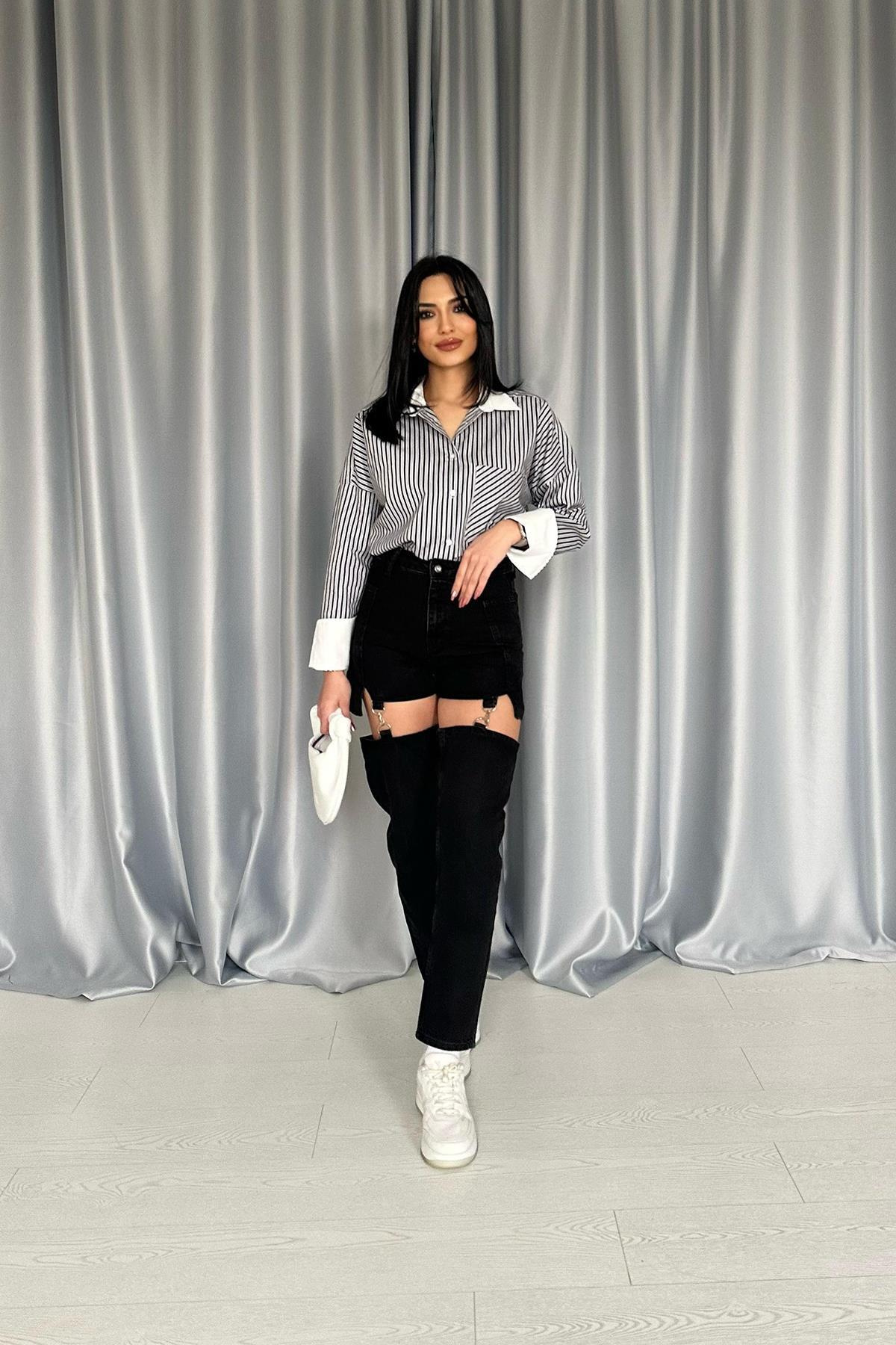 Toptan Siyah Askılı İki Parça Jeans Pantolon