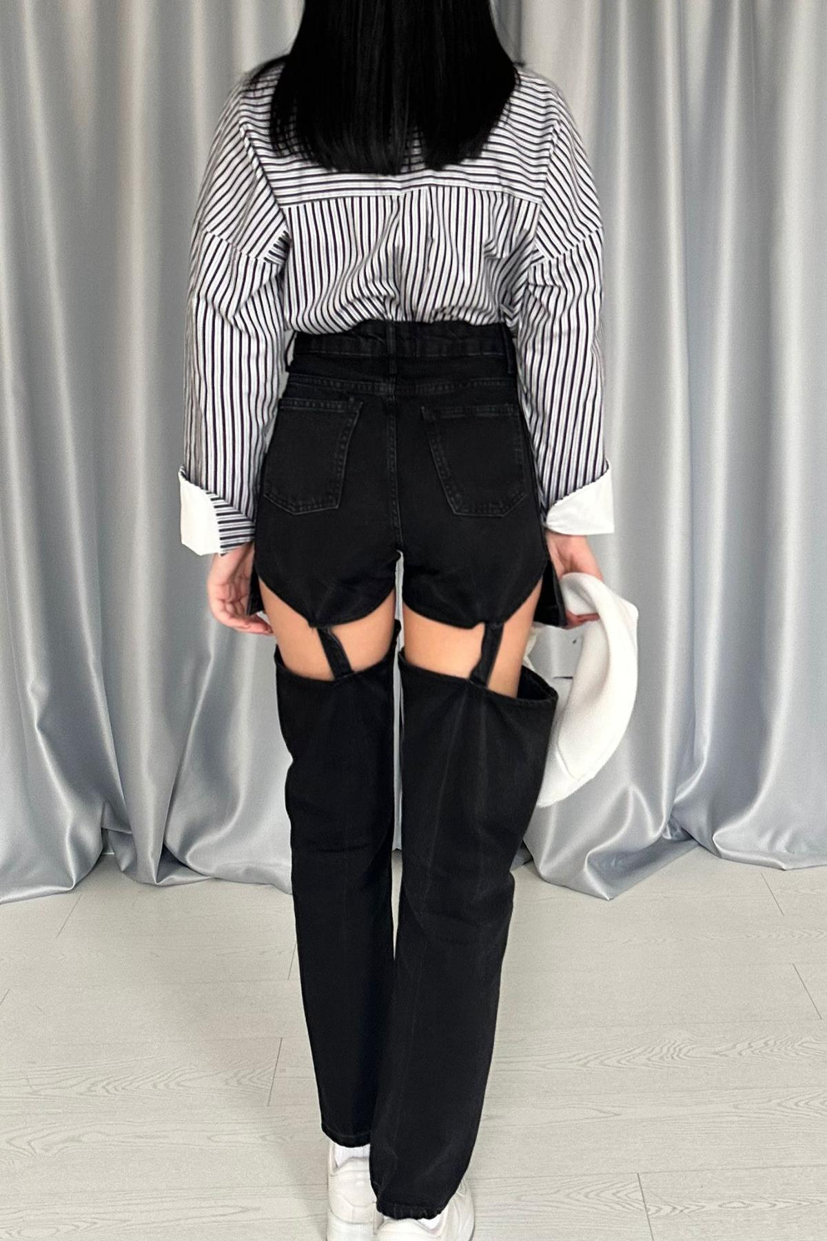 Toptan Siyah Askılı İki Parça Jeans Pantolon