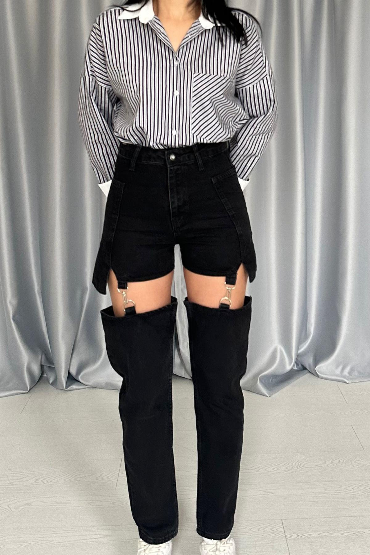 Toptan Siyah Askılı İki Parça Jeans Pantolon