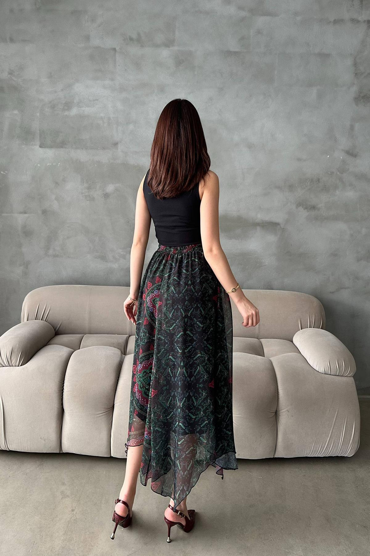 Toptan Siyah Desenli Şifon Dilimli Etek