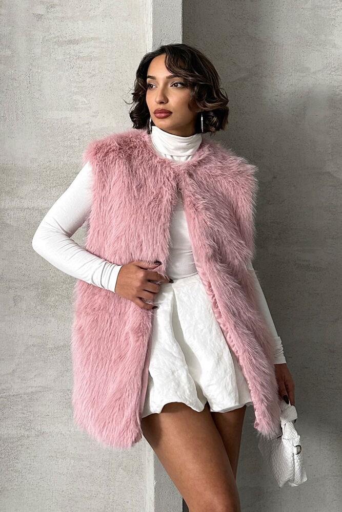 Tüylü Toptan Yelek - Pudra | TOPSHOW