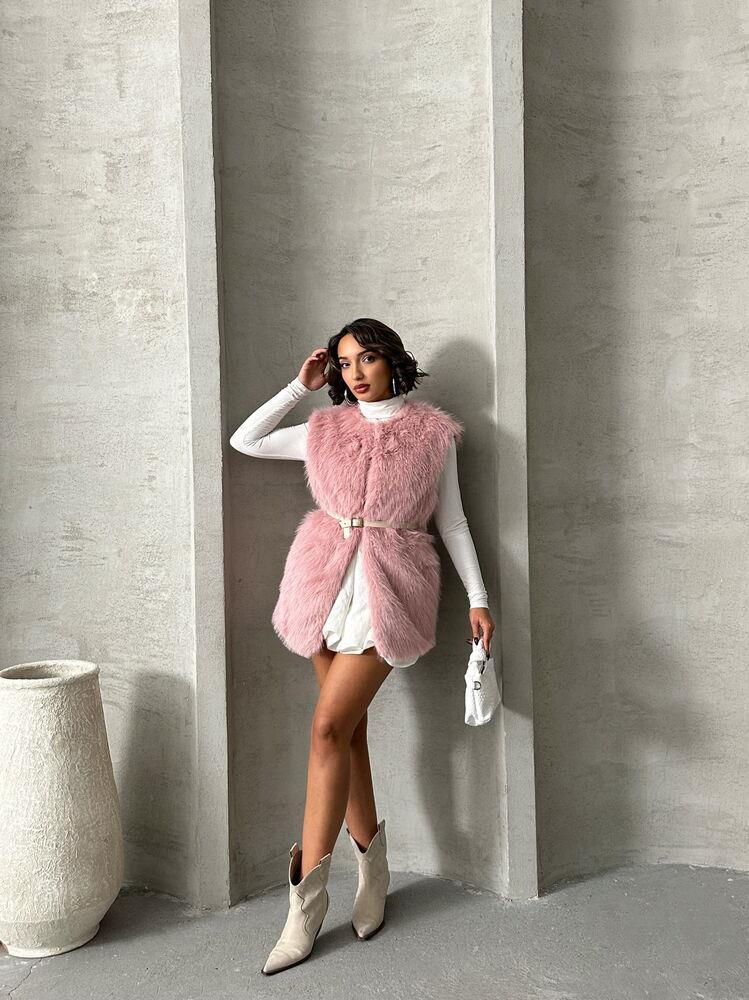 Tüylü Toptan Yelek - Pudra | TOPSHOW