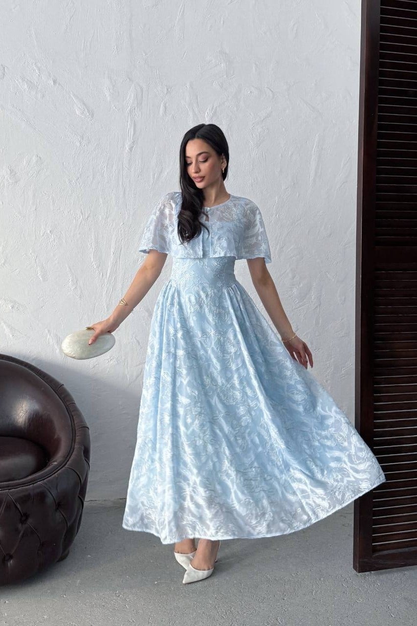 Wholesale Baby Blue Jacquard Organza Dress with Overlay 0034-3161