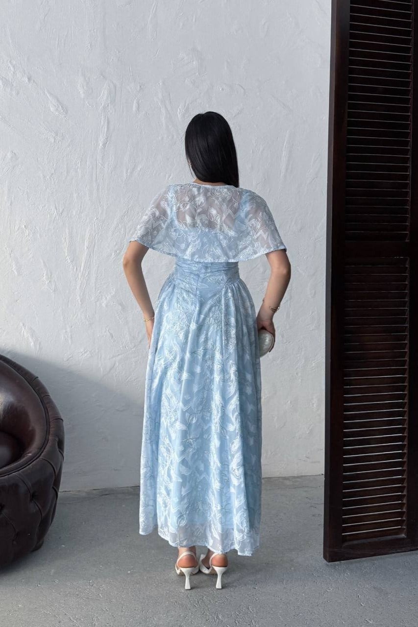Wholesale Baby Blue Jacquard Organza Dress with Overlay 0034-3161
