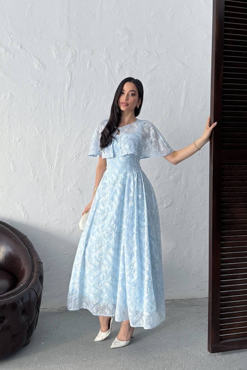 Wholesale Baby Blue Jacquard Organza Dress with Overlay 0034-3161