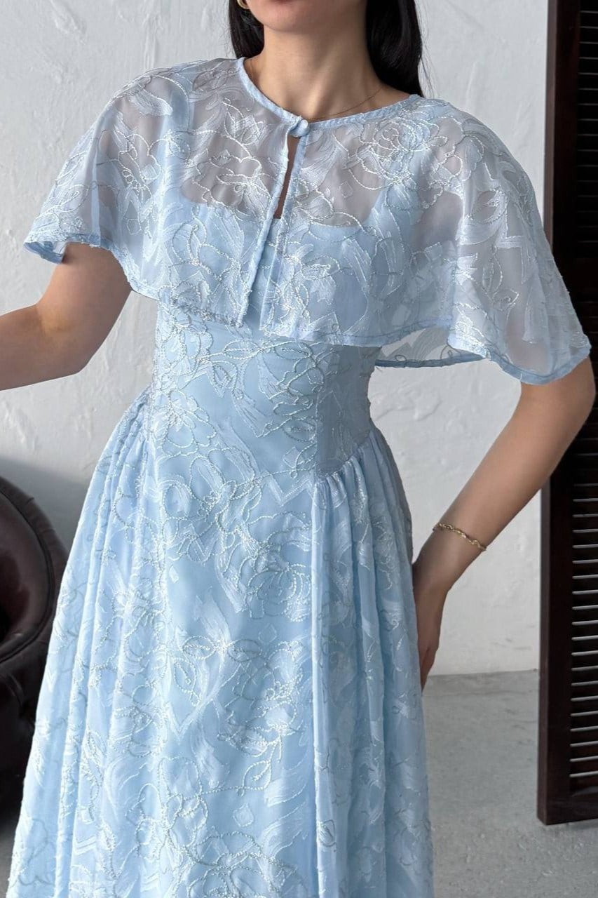 Wholesale Baby Blue Jacquard Organza Dress with Overlay 0034-3161