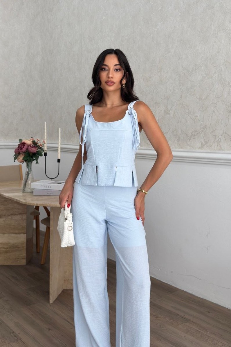 Wholesale Baby Blue Linen Two-Piece Set 0034-3171