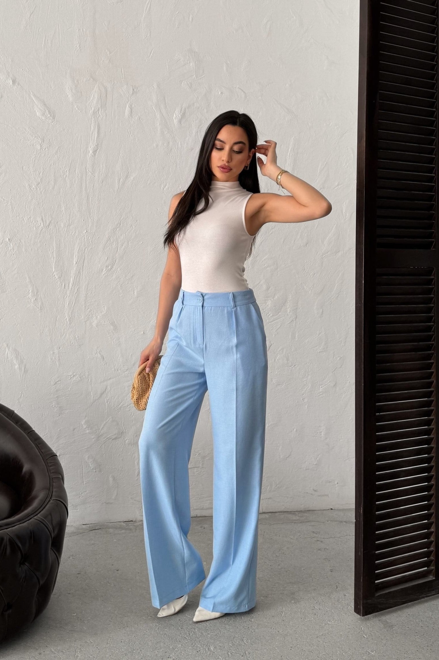 Wholesale Baby Blue Linen Two-Piece Suit 0034-3156