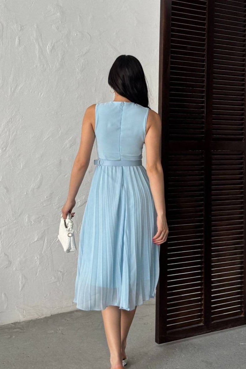 Wholesale Baby Blue Pleated Chiffon Dress with Belt 0034-3139