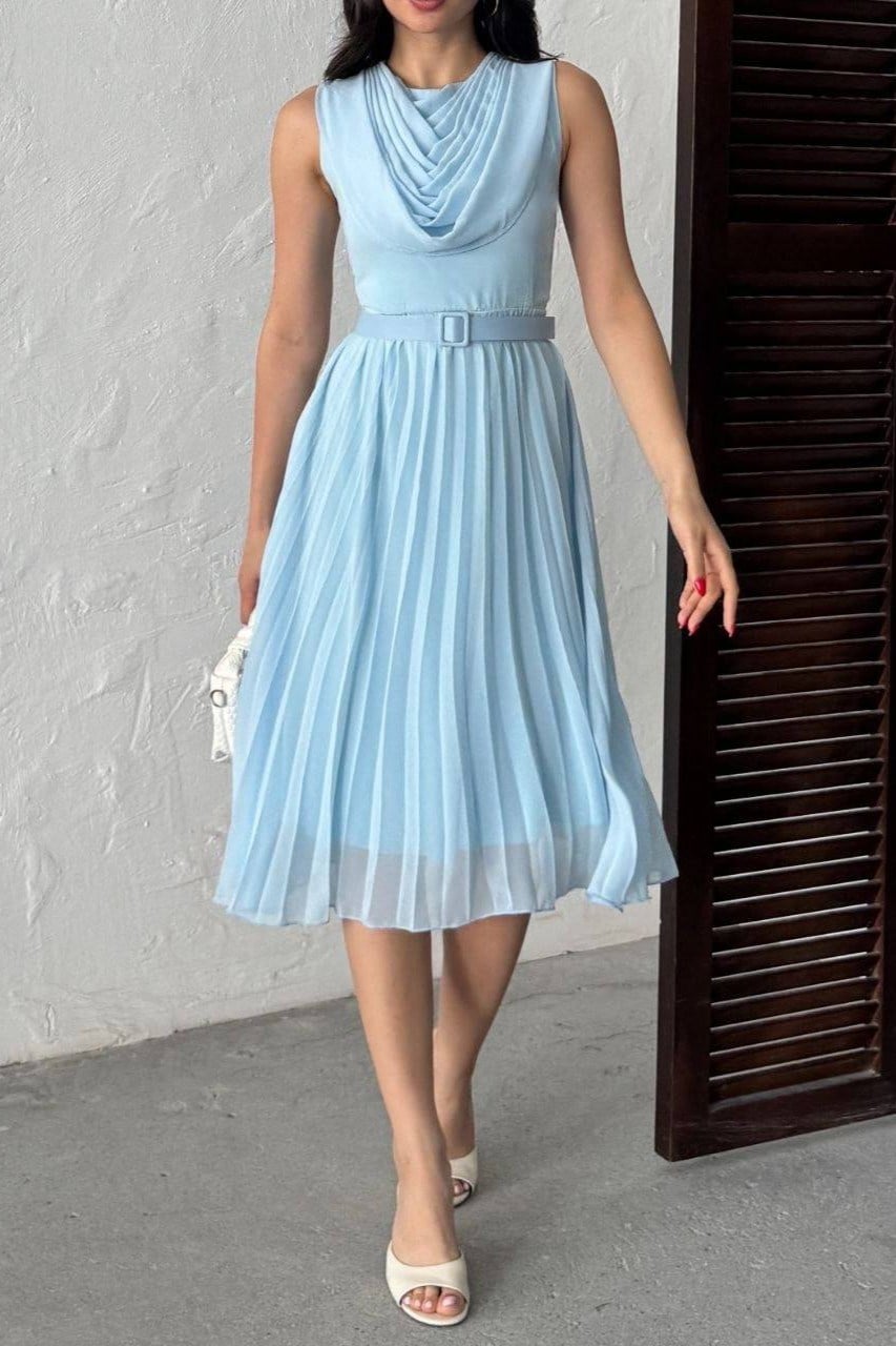 Wholesale Baby Blue Pleated Chiffon Dress with Belt 0034-3139
