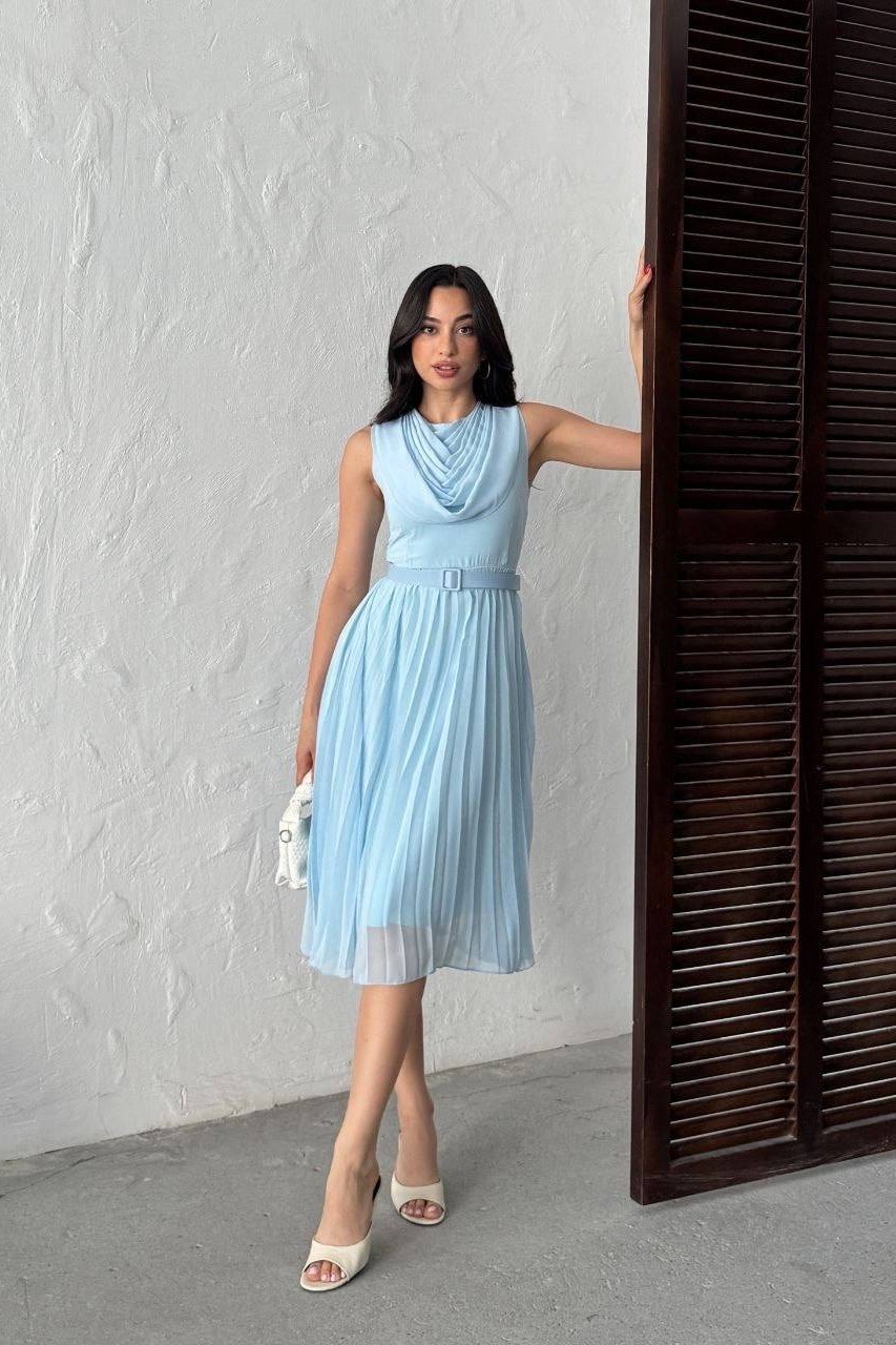 Wholesale Baby Blue Pleated Chiffon Dress with Belt 0034-3139