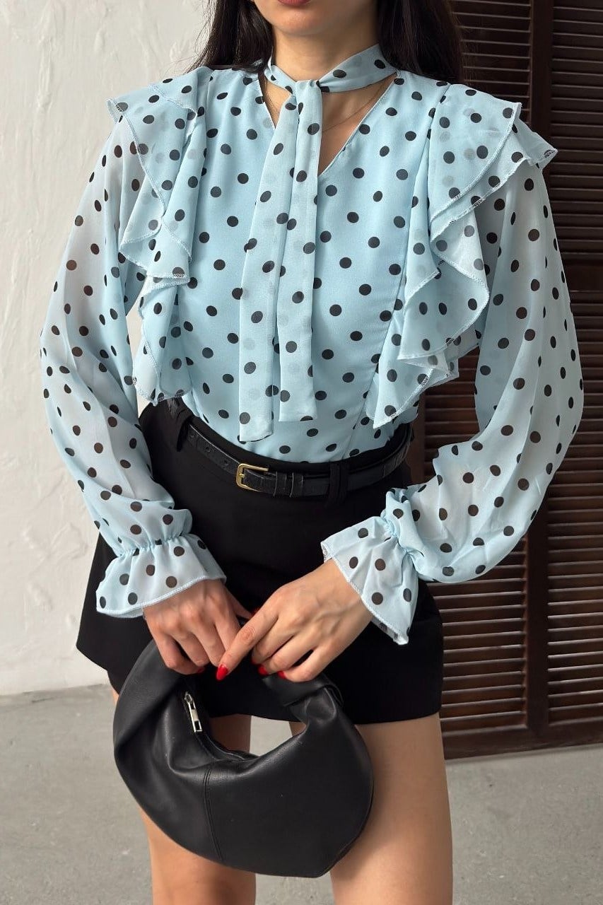 Wholesale Baby Blue Polka Dot Chiffon Blouse 0034-3145