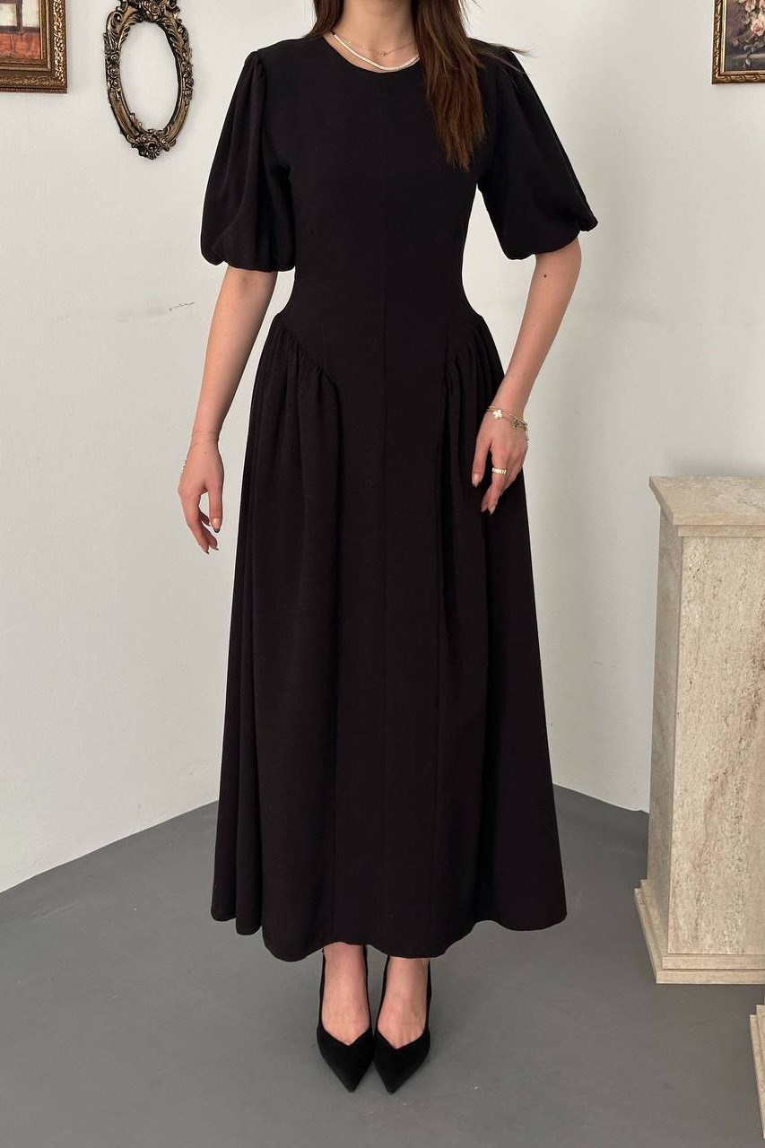 Wholesale Black Drawstring Linen Dress with Back Ties 8909