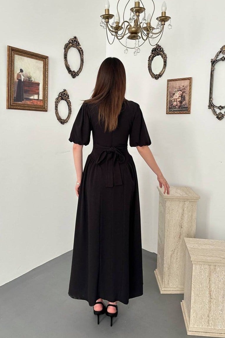 Wholesale Black Drawstring Linen Dress with Back Ties 8909