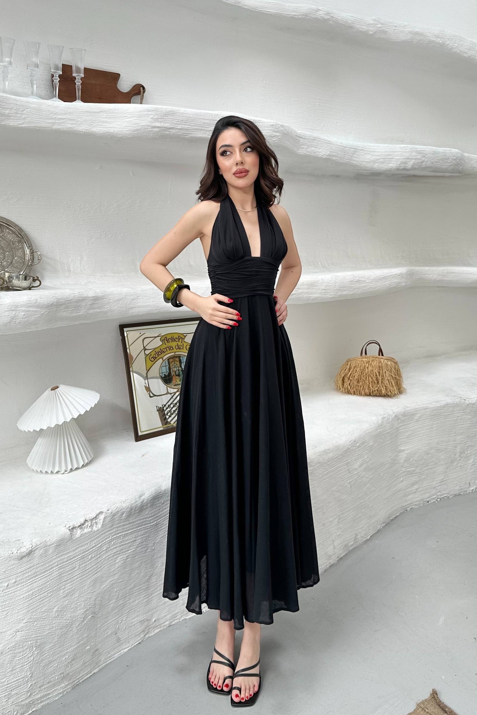 Wholesale Black Halter-Neck Linen Dress 8247