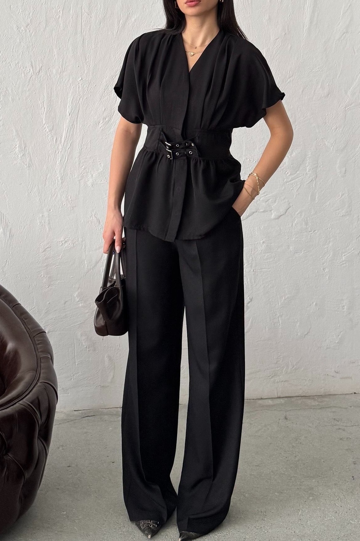 Wholesale Black Linen Two-Piece Suit 0034-3156