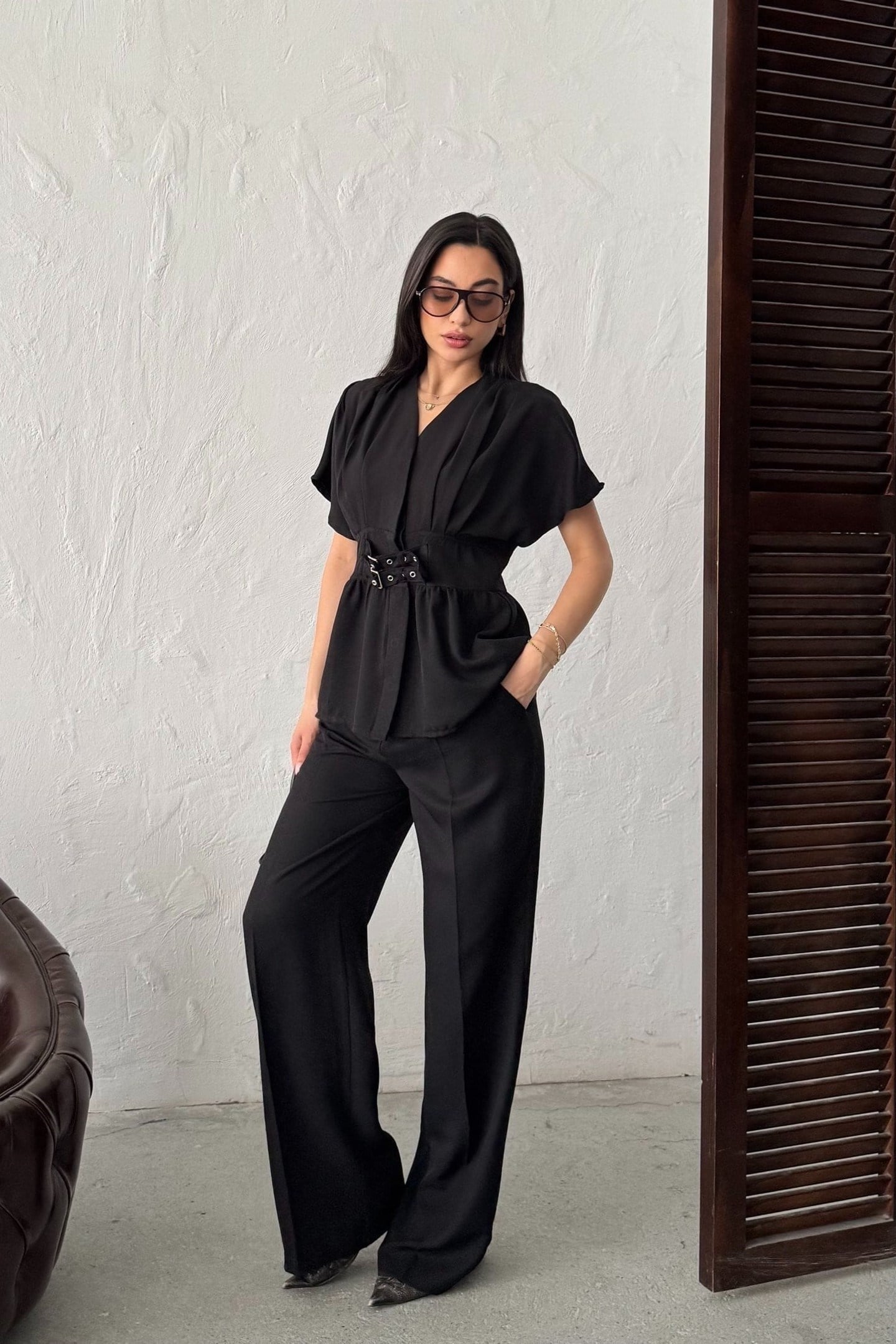 Wholesale Black Linen Two-Piece Suit 0034-3156