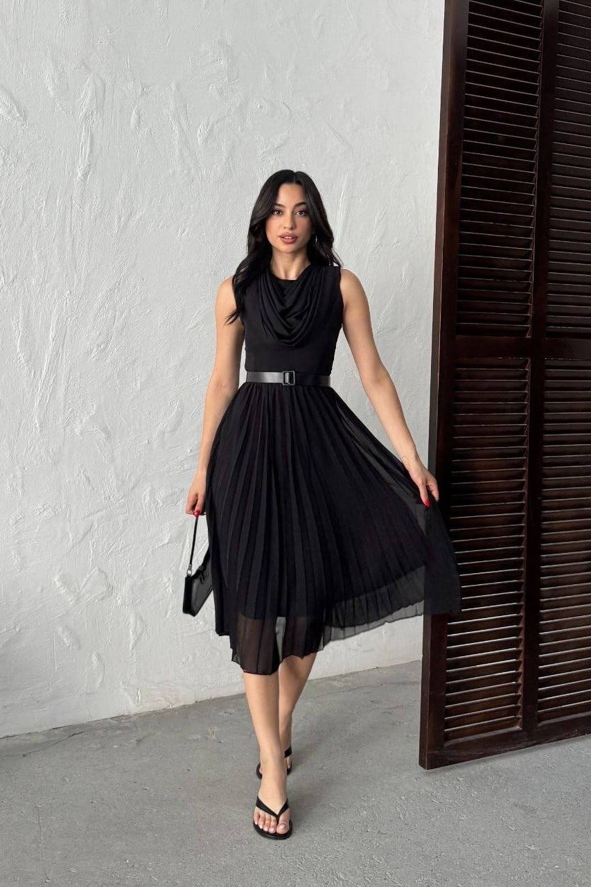 Wholesale Black Pleated Chiffon Dress with Belt 0034-3139