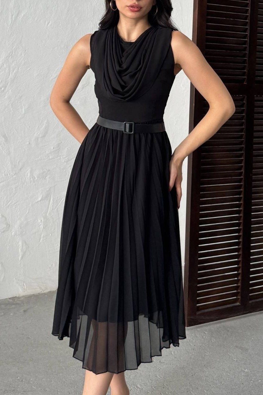 Wholesale Black Pleated Chiffon Dress with Belt 0034-3139