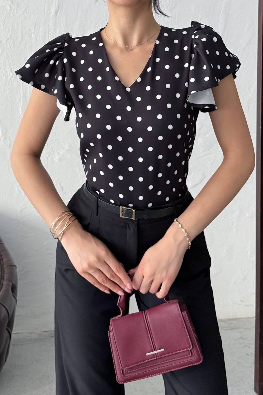 Wholesale Black Polka Dot Puff Shoulder Blouse 0034-3142