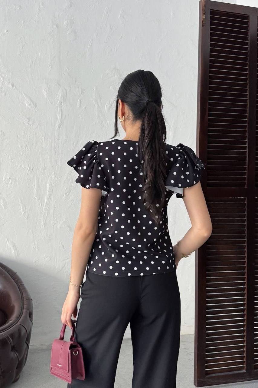 Wholesale Black Polka Dot Puff Shoulder Blouse 0034-3142