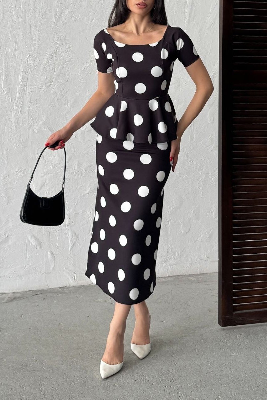 Wholesale Black Polka Dot Skirt Suit 0034-3165