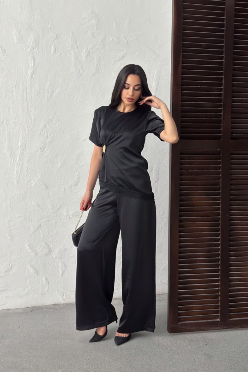 Wholesale Black Satin Two-Piece Set 0034-3144