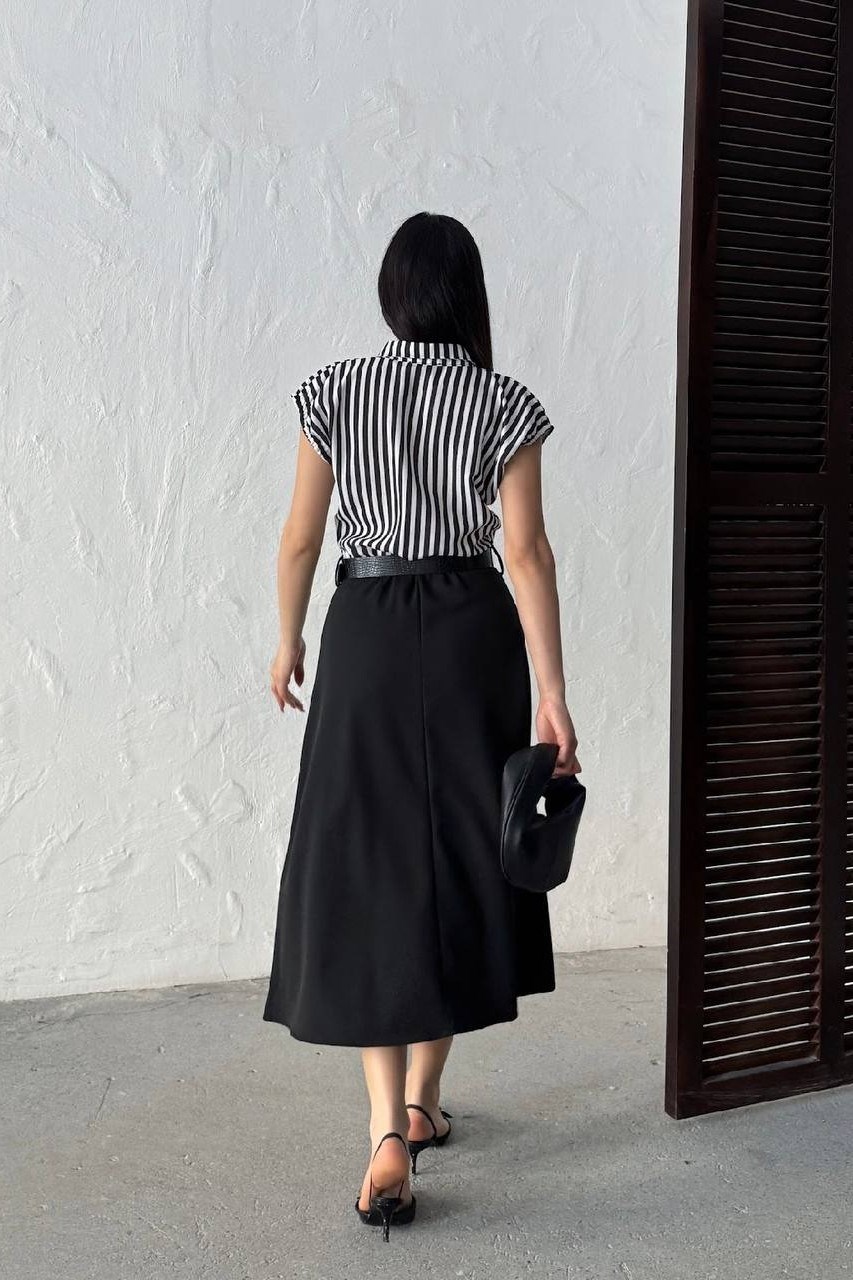 Wholesale Black Striped Shirt-Dress with Belt 0034-3168
