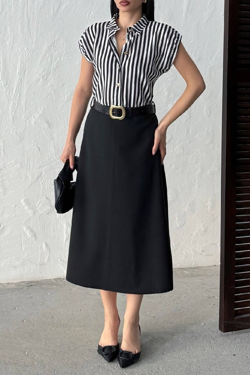 Wholesale Black Striped Shirt-Dress with Belt 0034-3168
