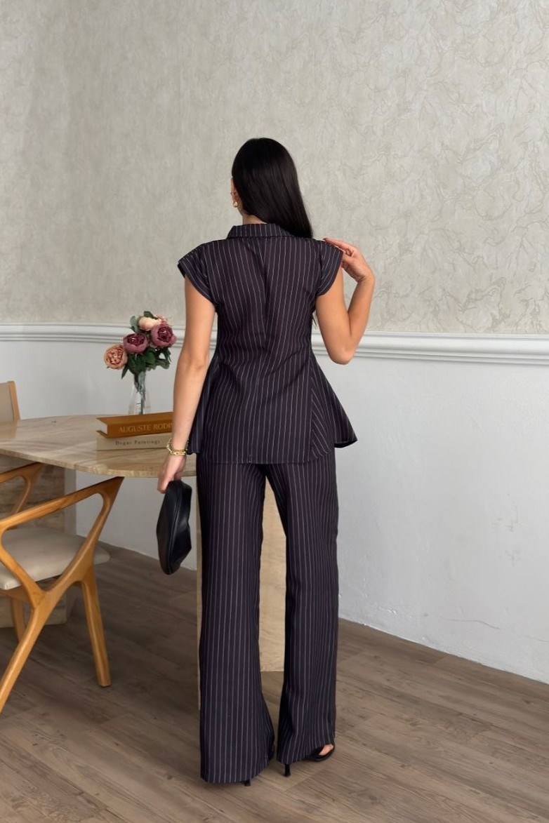 Wholesale Black Striped Two-Piece Set 0034-3174