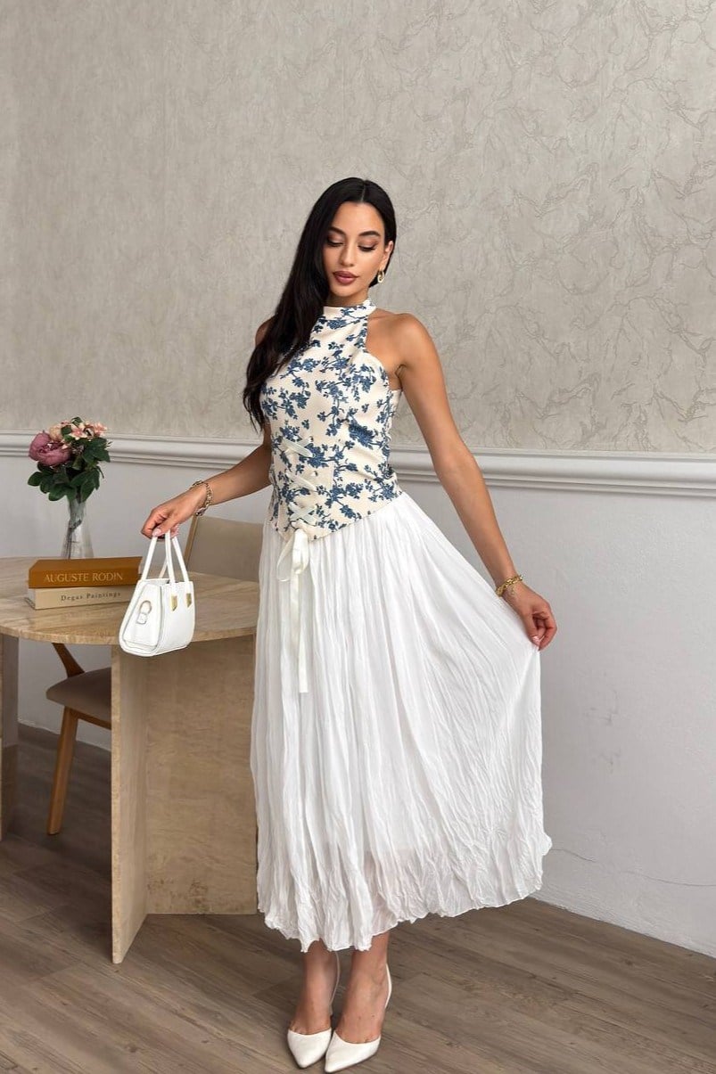 Wholesale Blue Corset Blouse and Maxi Skirt Set 0034-3178