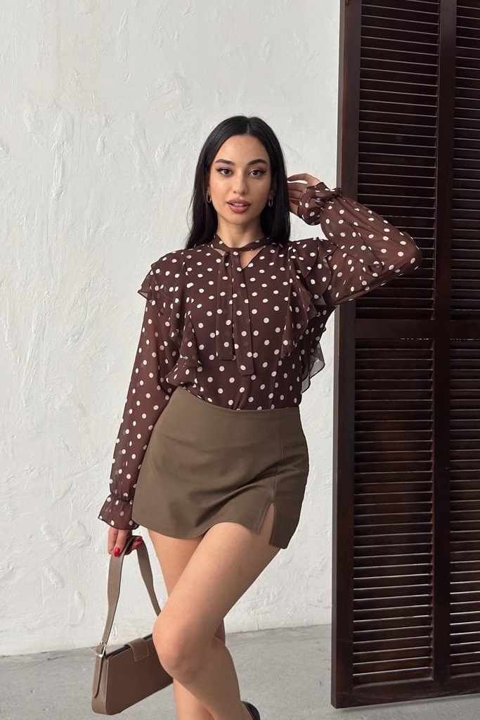 Wholesale Brown Polka Dot Chiffon Blouse 0034-3145