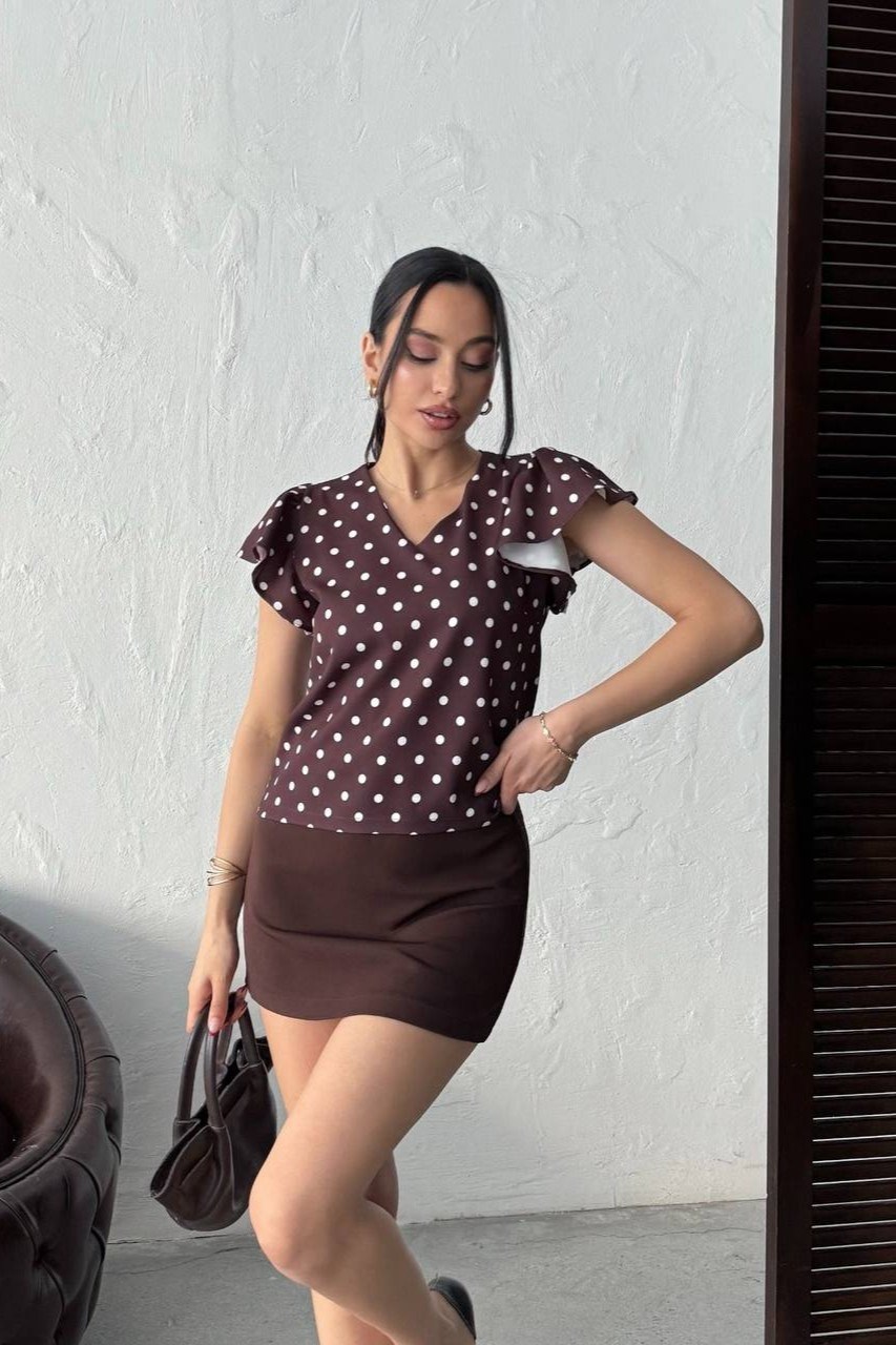 Wholesale Brown Polka Dot Puff Shoulder Blouse 0034-3142