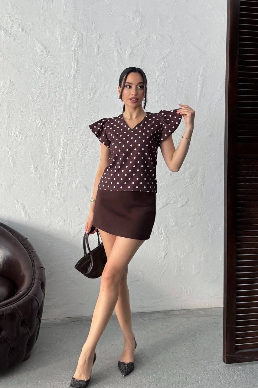 Wholesale Brown Polka Dot Puff Shoulder Blouse 0034-3142
