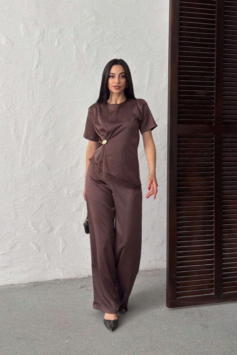 Wholesale Brown Satin Two-Piece Set 0034-3144