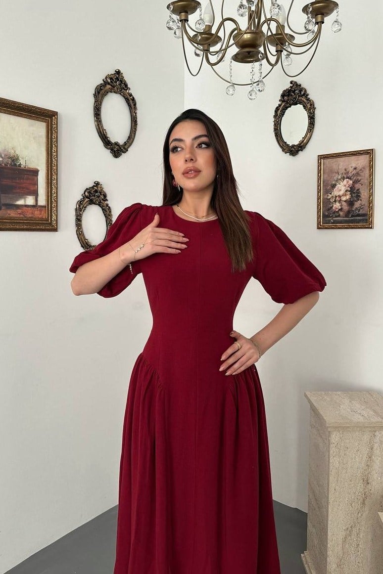 Wholesale Burgundy Drawstring Linen Dress with Back Ties 8909