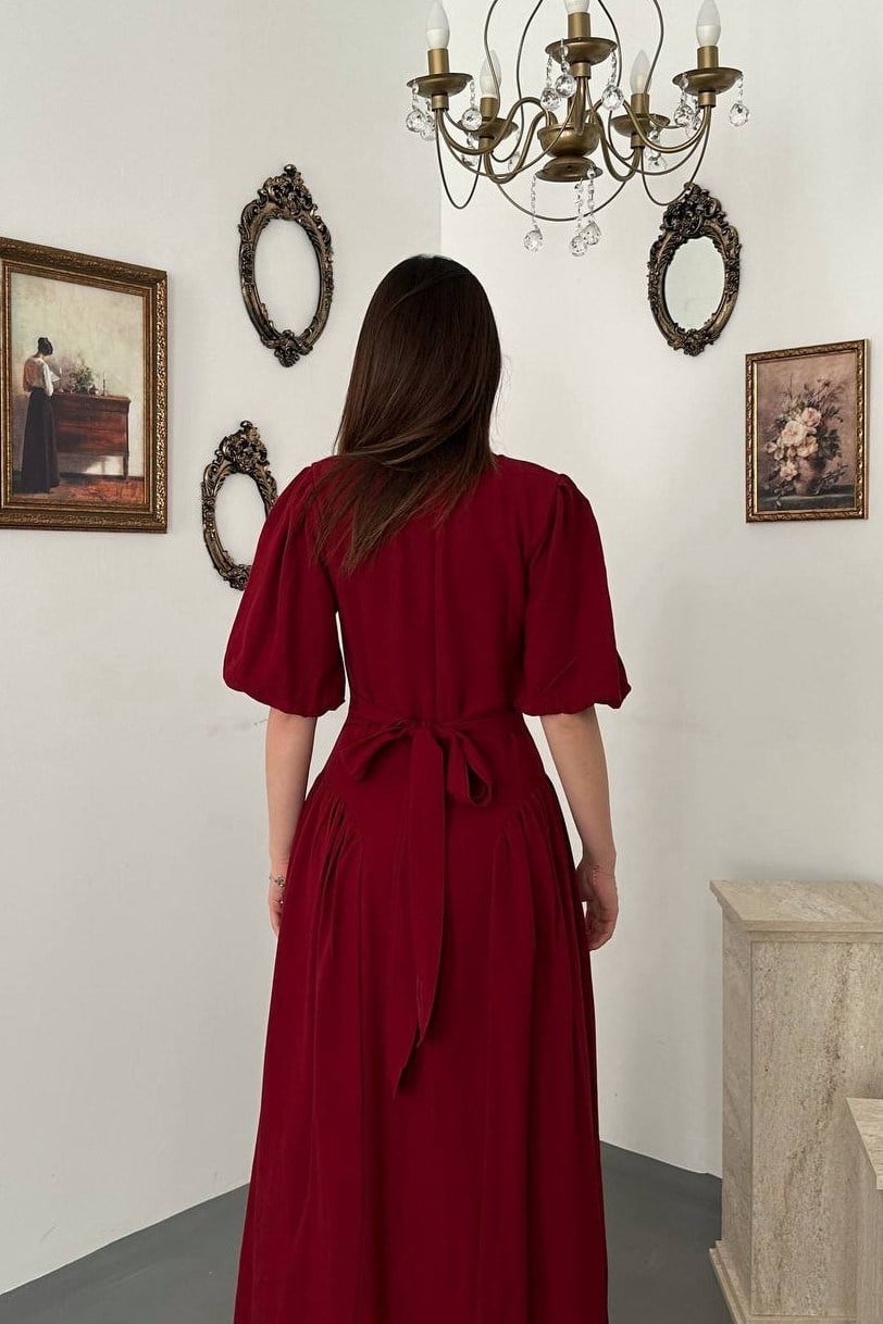 Wholesale Burgundy Drawstring Linen Dress with Back Ties 8909