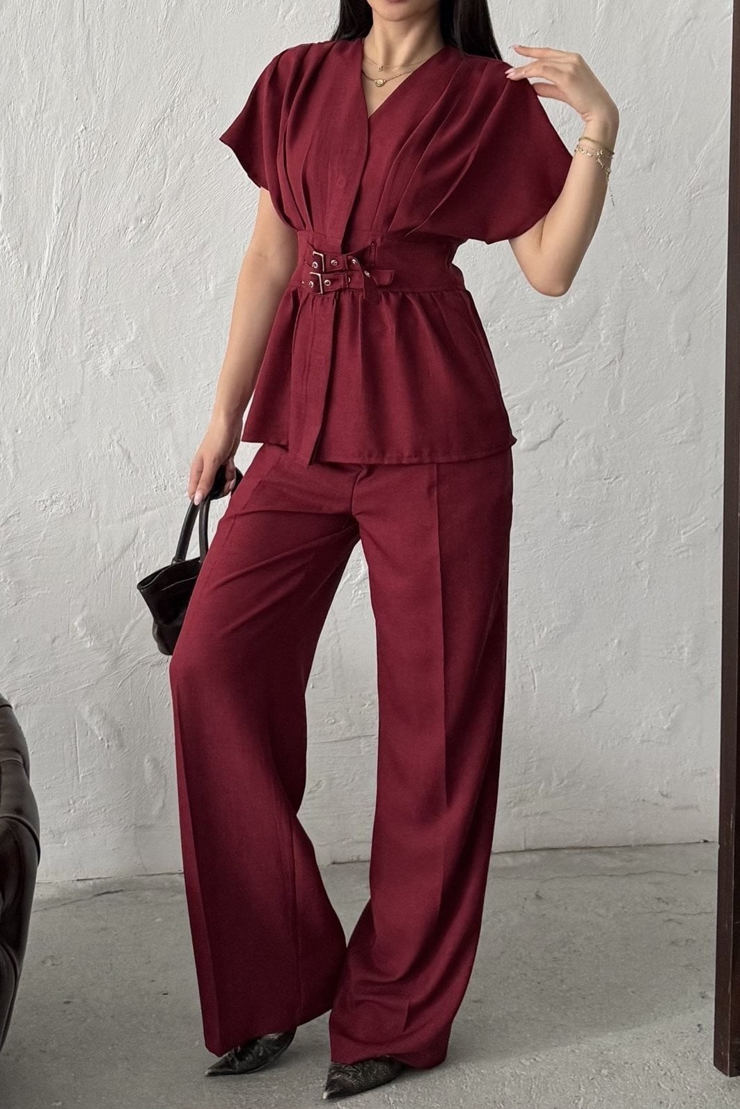 Wholesale Burgundy Linen Two-Piece Suit 0034-3156